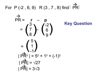 For P (-2 , 6, 9) R (3 , 7 , 8) find PR
PR = r – p
-2
6
9
( )
3
7
8
( )
= –
5
1
-1
= ( )
| PR2
| = 52
+ 12
+ (-1)2
| PR| = √27
Key Question
| PR| = 3√3
