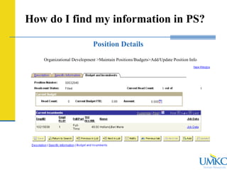 Human Resources
How do I find my information in PS?
Position Details
Organizational Development >Maintain Positions/Budgets>Add/Update Position Info
 