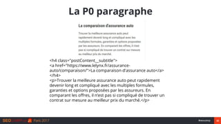 32#seocamp
La P0 paragraphe
<h4 class="postContent__subtitle">
<a href="https://www.lelynx.fr/assurance-
auto/comparaison/...
