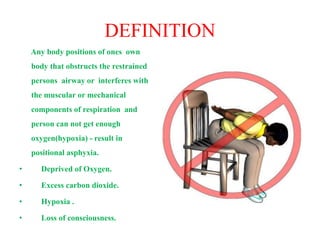 DEFINITION
Any body positions of ones own
body that obstructs the restrained
persons airway or interferes with
the muscular or mechanical
components of respiration and
person can not get enough
oxygen(hypoxia) - result in
positional asphyxia.
• Deprived of Oxygen.
• Excess carbon dioxide.
• Hypoxia .
• Loss of consciousness.
 
