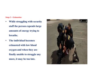 Stage 3 – Exhaustion
• While struggling with security
staff the person expends large
amounts of energy trying to
breathe.
• The individual becomes
exhausted with low blood
oxygen and when they are
finally unable to struggle any
more, it may be too late.
 