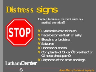 Distress  signs If noted terminate restraint and seek medical attention!!  Extremities cold to touch Face becomes flush or ashy Bleeding or bruising Seizures Unconsciousness Complaints of “I can’t breathe” or “I have chest pain” Limpness of the arms and legs 