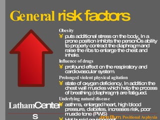 General  risk factors Obesity puts additional stress on the body. In a prone position inhibits the person’s ability to properly contract the diaphragm and raise the ribs to enlarge the chest and inhale.  Influence of drugs profound effect on the respiratory and cardiovascular system.  Prolonged violent physical agitation state of oxygen deficiency, In addition the chest wall muscles which help the process of breathing (diaphragm) are fatigued. Underlying natural disease asthma, enlarged heart, high blood pressure, diabetes, increases risk, poor muscle tone (PWS) Hot humid environment 