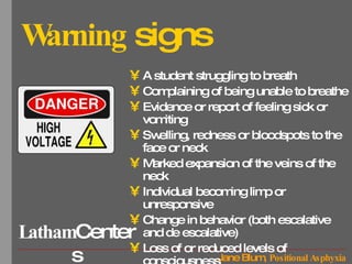 Warning  signs A student struggling to breath Complaining of being unable to breathe Evidence or report of feeling sick or vomiting Swelling, redness or bloodspots to the face or neck Marked expansion of the veins of the neck Individual becoming limp or unresponsive Change in behavior (both escalative and de escalative) Loss of or reduced levels of consciousness Respiratory or cardiac arrest 