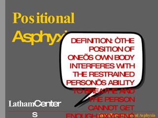 Positional   Asphyxia DEFINITION: “THE POSITION OF ONE’S OWN BODY INTERFERES WITH THE RESTRAINED PERSON’S ABILITY TO BREATHE AND THE PERSON CANNOT GET ENOUGH OXYGEN” 