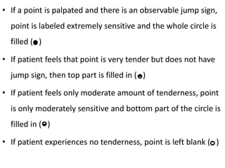 • If a point is palpated and there is an observable jump sign,
point is labeled extremely sensitive and the whole circle is
filled ( )
• If patient feels that point is very tender but does not have
jump sign, then top part is filled in ( )
• If patient feels only moderate amount of tenderness, point
is only moderately sensitive and bottom part of the circle is
filled in ( )
• If patient experiences no tenderness, point is left blank ( )
 