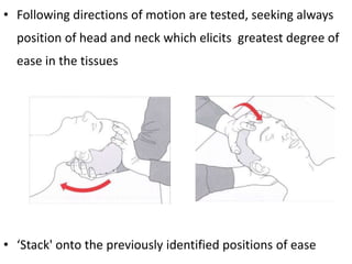 • Following directions of motion are tested, seeking always
position of head and neck which elicits greatest degree of
ease in the tissues
• ‘Stack' onto the previously identified positions of ease
 