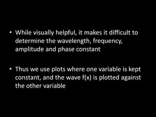 • While visually helpful, it makes it difficult to
determine the wavelength, frequency,
amplitude and phase constant
• Thus we use plots where one variable is kept
constant, and the wave f(x) is plotted against
the other variable
 