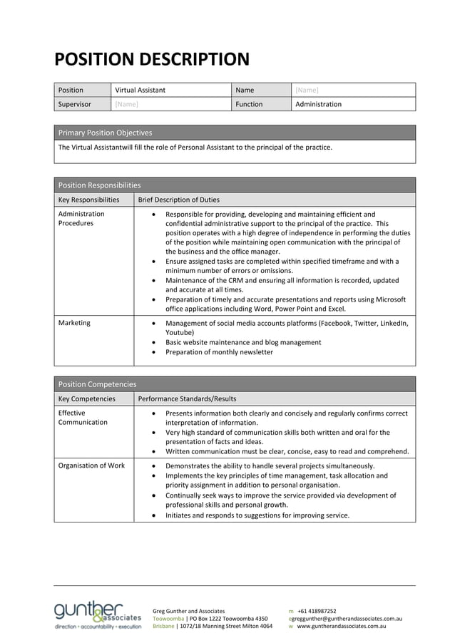 Sample Virtual Assistant Job Description PDF