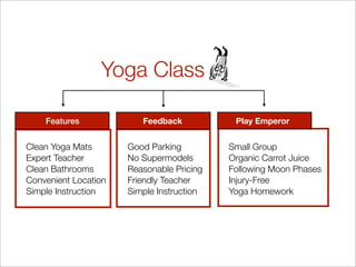 Yoga Class

    Features             Feedback           Play Emperor


Clean Yoga Mats       Good Parking         Small Group
Expert Teacher        No Supermodels       Organic Carrot Juice
Clean Bathrooms       Reasonable Pricing   Following Moon Phases
Convenient Location   Friendly Teacher     Injury-Free
Simple Instruction    Simple Instruction   Yoga Homework
 