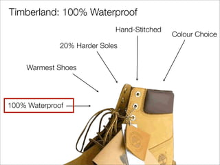 Timberland: 100% Waterproof
                             Hand-Stitched
                                             Colour Choice
              20% Harder Soles


     Warmest Shoes




100% Waterproof
 