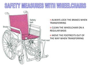 o ALWAYS LOCK THE BRAKES WHEN
TRANSFERRING
o CLEAN THE WHEELCHAIR ON A
REGULAR BASIS
o MOVE THE FOOTRESTS OUT OF
THE WAY WHEN TRANSFERRING
 