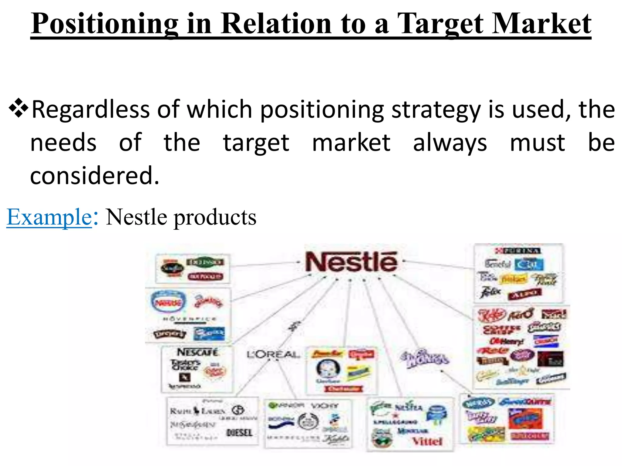 Positioning in Relation to a Target Market
Regardless of which positioning strategy is used, the
needs of the target market always must be
considered.
Example: Nestle products
 