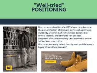 "Well-tried"
POSITIONING
Born on a construction site, CAT shoes  have become
the personification of strength, power, reliability and
durability. Urgency CAT stylish shoes designed for
several seasons, and strength - for decades.
(Segment directions everyday urban footwear before
2000 - 10%, now -> 85%
Our shoes are ready to test the city, and we talk to each
buyer "Check their strength!"
 