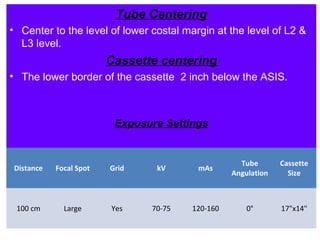 Tube Centering
• Center to the level of lower costal margin at the level of L2 &
L3 level.
Cassette centering
• The lower border of the cassette 2 inch below the ASIS.
Exposure Settings
Distance Focal Spot Grid kV mAs
Tube
Angulation
Cassette
Size
100 cm Large Yes 70-75 120-160 0° 17"x14"
 