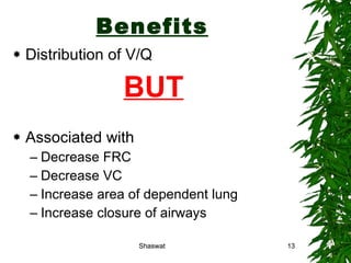 Benefits Distribution of V/Q  BUT Associated with  Decrease FRC Decrease VC Increase area of dependent lung Increase closure of airways Shaswat Shaswat 