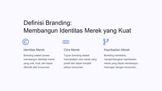 Definisi Branding:
Membangun Identitas Merek yang Kuat
Identitas Merek
Branding adalah proses
membangun identitas merek
yang unik, kuat, dan dapat
dikenali oleh konsumen.
Citra Merek
Tujuan branding adalah
menciptakan citra merek yang
positif dan dapat menjadi
pilihan konsumen.
Kepribadian Merek
Branding membantu
mengembangkan kepribadian
merek yang dapat membangun
hubungan dengan konsumen.
 