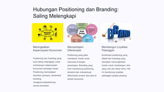 Hubungan Positioning dan Branding:
Saling Melengkapi
Meningkatkan
Kepercayaan Konsumen
Positioning dan branding yang
kuat saling melengkapi untuk
membangun kepercayaan
konsumen terhadap merek.
Positioning menciptakan
keunikan persepsi, sementara
branding
mengkomunikasikannya
secara konsisten.
Mempertajam
Diferensiasi
Positioning yang jelas
membantu merek untuk
menonjol di tengah
persaingan. Branding yang
kuat mendukung positioning
tersebut dan memperkuat
diferensiasi produk atau jasa di
benak konsumen.
Membangun Loyalitas
Pelanggan
Kombinasi positioning yang
efektif dan branding yang
konsisten memungkinkan
merek untuk membangun citra
yang unik dan tahan lama. Hal
ini mendorong loyalitas
pelanggan jangka panjang.
 