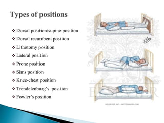  Dorsal position/supine position
 Dorsal recumbent position
 Lithotomy position
 Lateral position
 Prone position
 Sims position
 Knee-chest position
 Trendelenburg’s position
 Fowler’s position
 