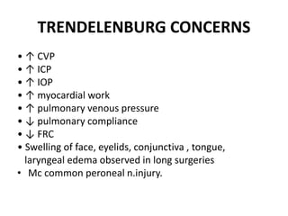TRENDELENBURG CONCERNS
• ↑ CVP
• ↑ ICP
• ↑ IOP
• ↑ myocardial work
• ↑ pulmonary venous pressure
• ↓ pulmonary compliance
• ↓ FRC
• Swelling of face, eyelids, conjunctiva , tongue,
laryngeal edema observed in long surgeries
• Mc common peroneal n.injury.
 