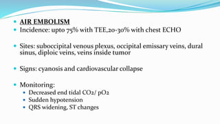  AIR EMBOLISM
 Incidence: upto 75% with TEE,20-30% with chest ECHO
 Sites: suboccipital venous plexus, occipital emissary veins, dural
sinus, diploic veins, veins inside tumor
 Signs: cyanosis and cardiovascular collapse
 Monitoring:
 Decreased end tidal CO2/ pO2
 Sudden hypotension
 QRS widening, ST changes
 