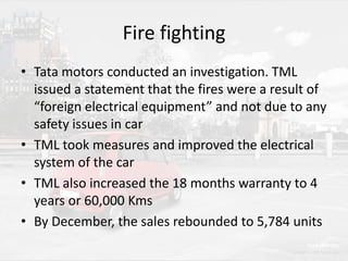 Fire fighting
• Tata motors conducted an investigation. TML
issued a statement that the fires were a result of
“foreign electrical equipment” and not due to any
safety issues in car
• TML took measures and improved the electrical
system of the car
• TML also increased the 18 months warranty to 4
years or 60,000 Kms
• By December, the sales rebounded to 5,784 units

 