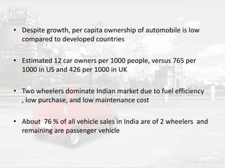 • Despite growth, per capita ownership of automobile is low
compared to developed countries

• Estimated 12 car owners per 1000 people, versus 765 per
1000 in US and 426 per 1000 in UK
• Two wheelers dominate Indian market due to fuel efficiency
, low purchase, and low maintenance cost
• About 76 % of all vehicle sales in India are of 2 wheelers and
remaining are passenger vehicle

 