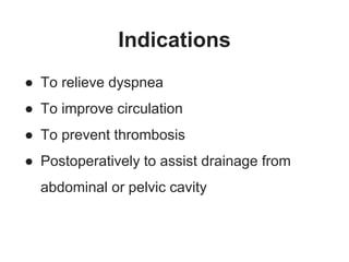 Indications
● To relieve dyspnea
● To improve circulation
● To prevent thrombosis
● Postoperatively to assist drainage from
abdominal or pelvic cavity
 