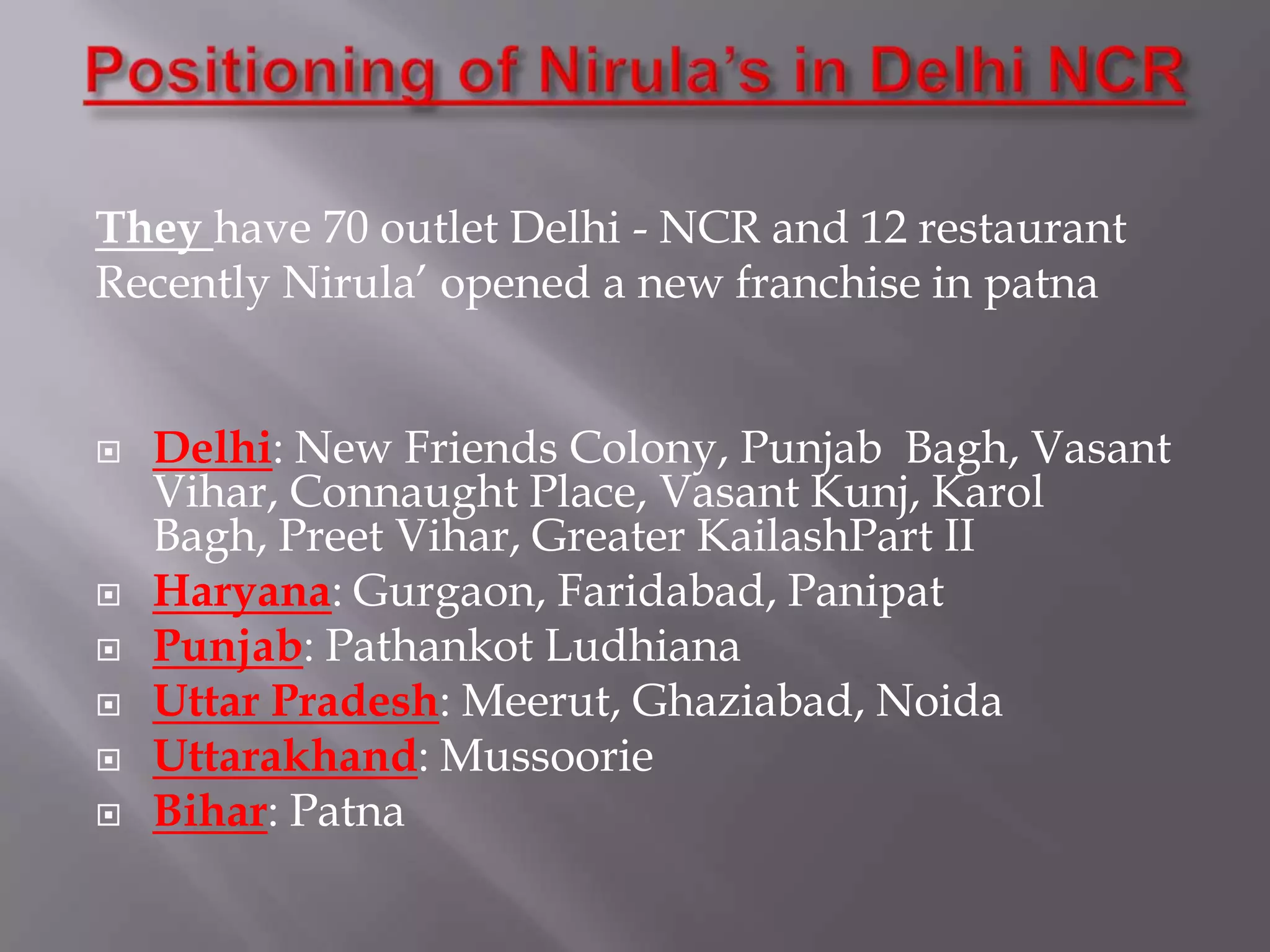 They have 70 outlet Delhi - NCR and 12 restaurant
Recently Nirula’ opened a new franchise in patna
 Delhi: New Friends Colony, Punjab Bagh, Vasant
Vihar, Connaught Place, Vasant Kunj, Karol
Bagh, Preet Vihar, Greater KailashPart II
 Haryana: Gurgaon, Faridabad, Panipat
 Punjab: Pathankot Ludhiana
 Uttar Pradesh: Meerut, Ghaziabad, Noida
 Uttarakhand: Mussoorie
 Bihar: Patna
 