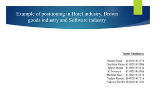 Example of positioning in Hotel industry, Brown
goods industry and Software industry
Teams Members:
Sonali Singh (16021141107)
Suchitra Raina (16021141110)
Tabriz Mohta (16021141113)
V. Sowmya (16021141116)
Rethika Rao (16021141117)
Vedant Kamat (16021141121)
Vikram Purohit (16021141122)
 