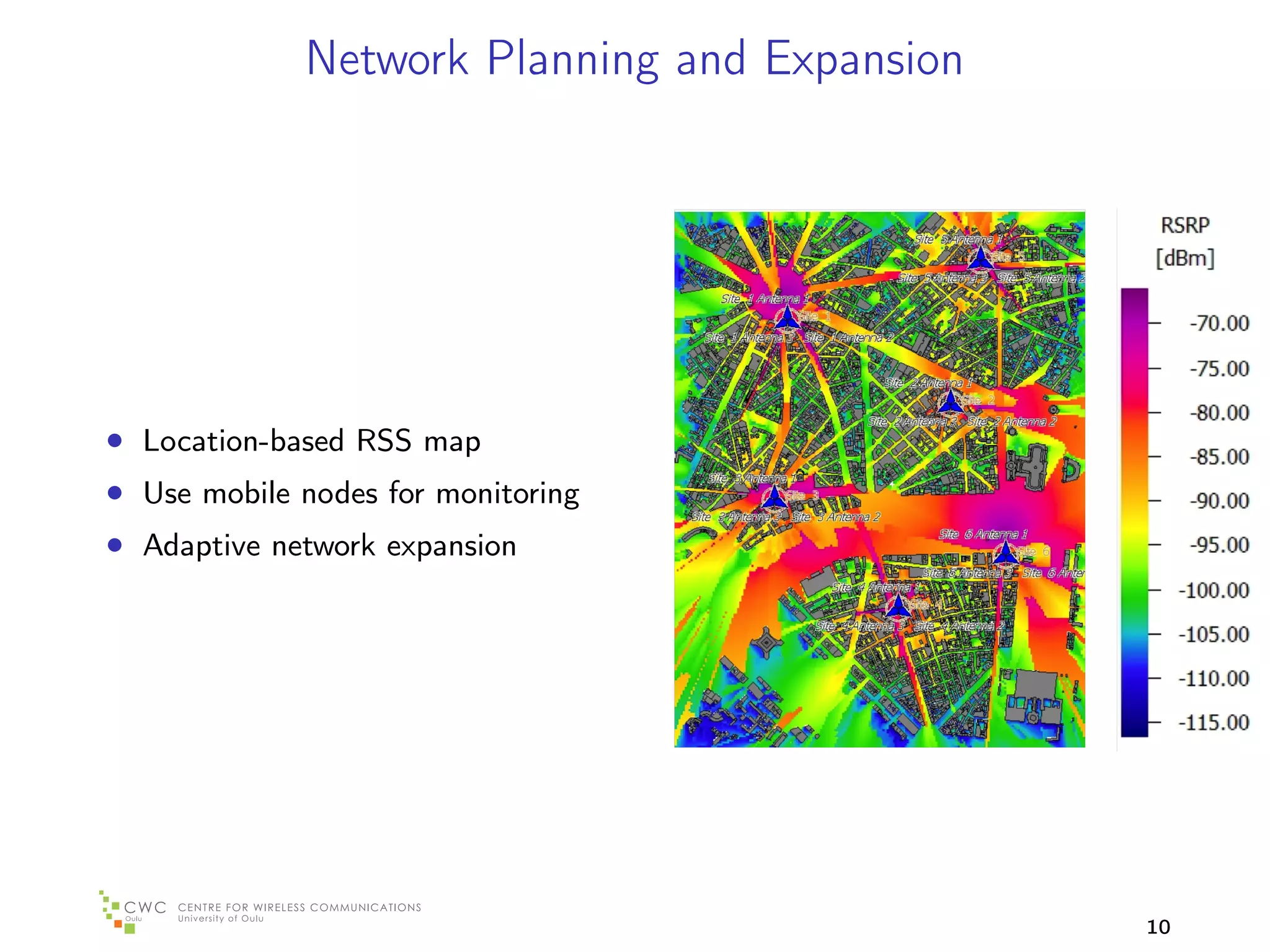 Network Planning and Expansion




• Location-based RSS map
• Use mobile nodes for monitoring
• Adaptive network expansion




                                              10
 