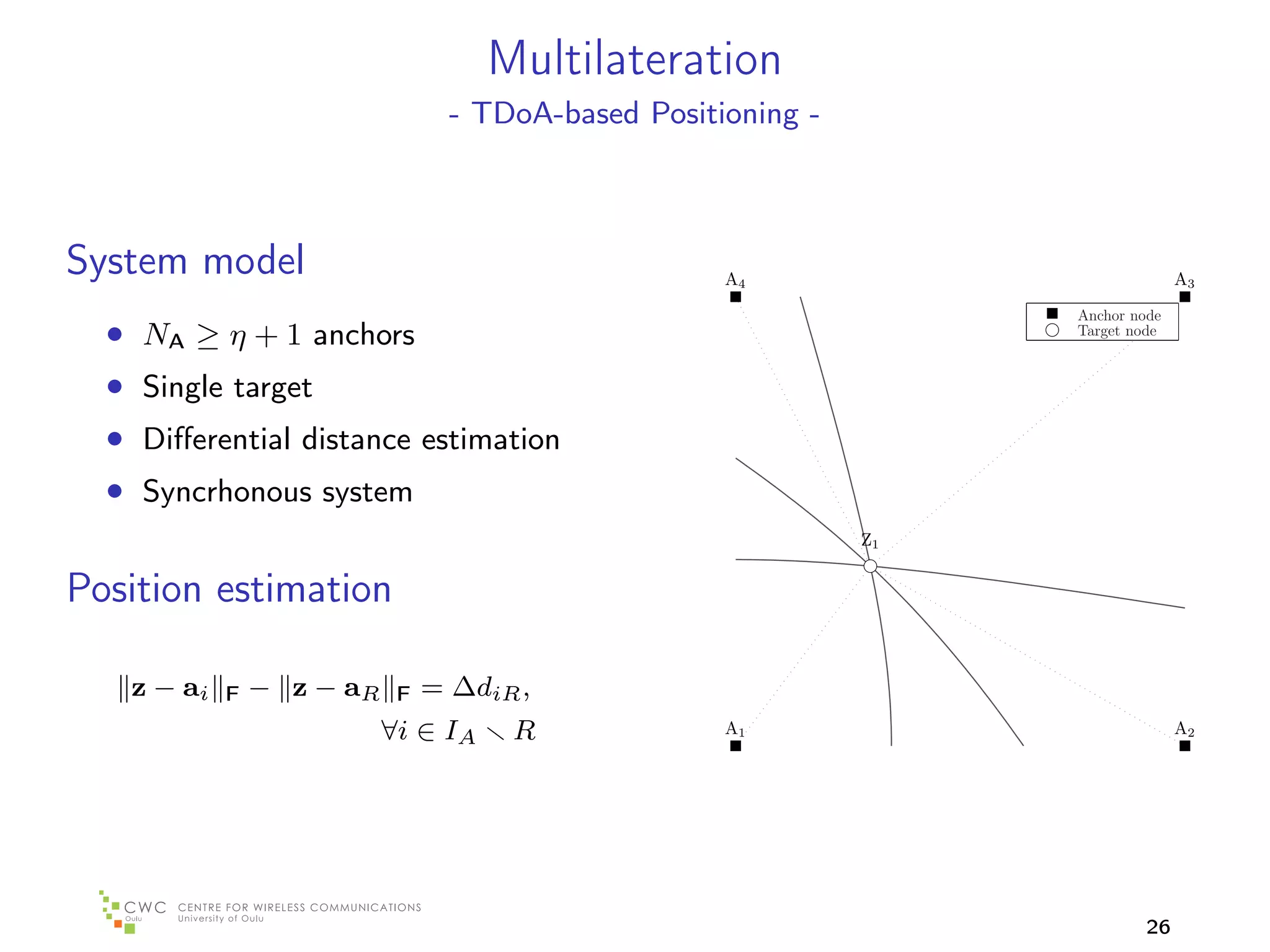 Multilateration
                                  - TDoA-based Positioning -



System model                                         A4                           A3
                                                                    Anchor node
  • NA ≥ η + 1 anchors                                              Target node


  • Single target
  • Diﬀerential distance estimation
  • Syncrhonous system
                                                               Z1


Position estimation

   z − ai   F   − z − aR    F   = ∆diR ,
                           ∀i ∈ IA    R              A1                           A2




                                                                             26
 