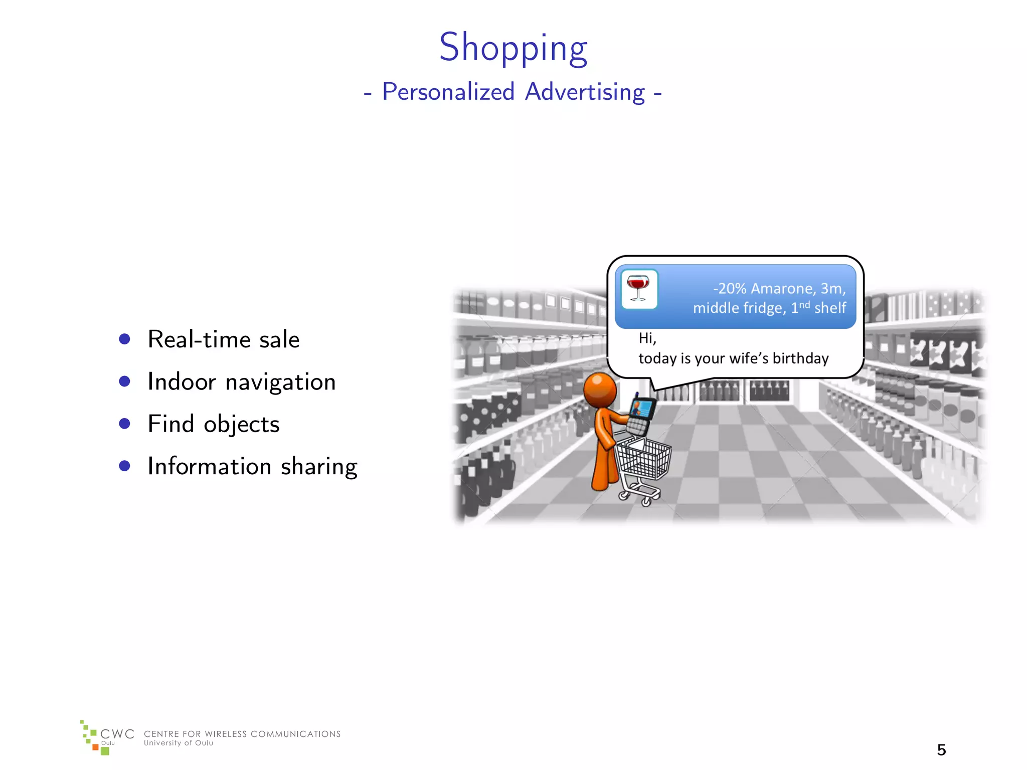 Shopping
                        - Personalized Advertising -




• Real-time sale
• Indoor navigation
• Find objects
• Information sharing




                                                       5
 