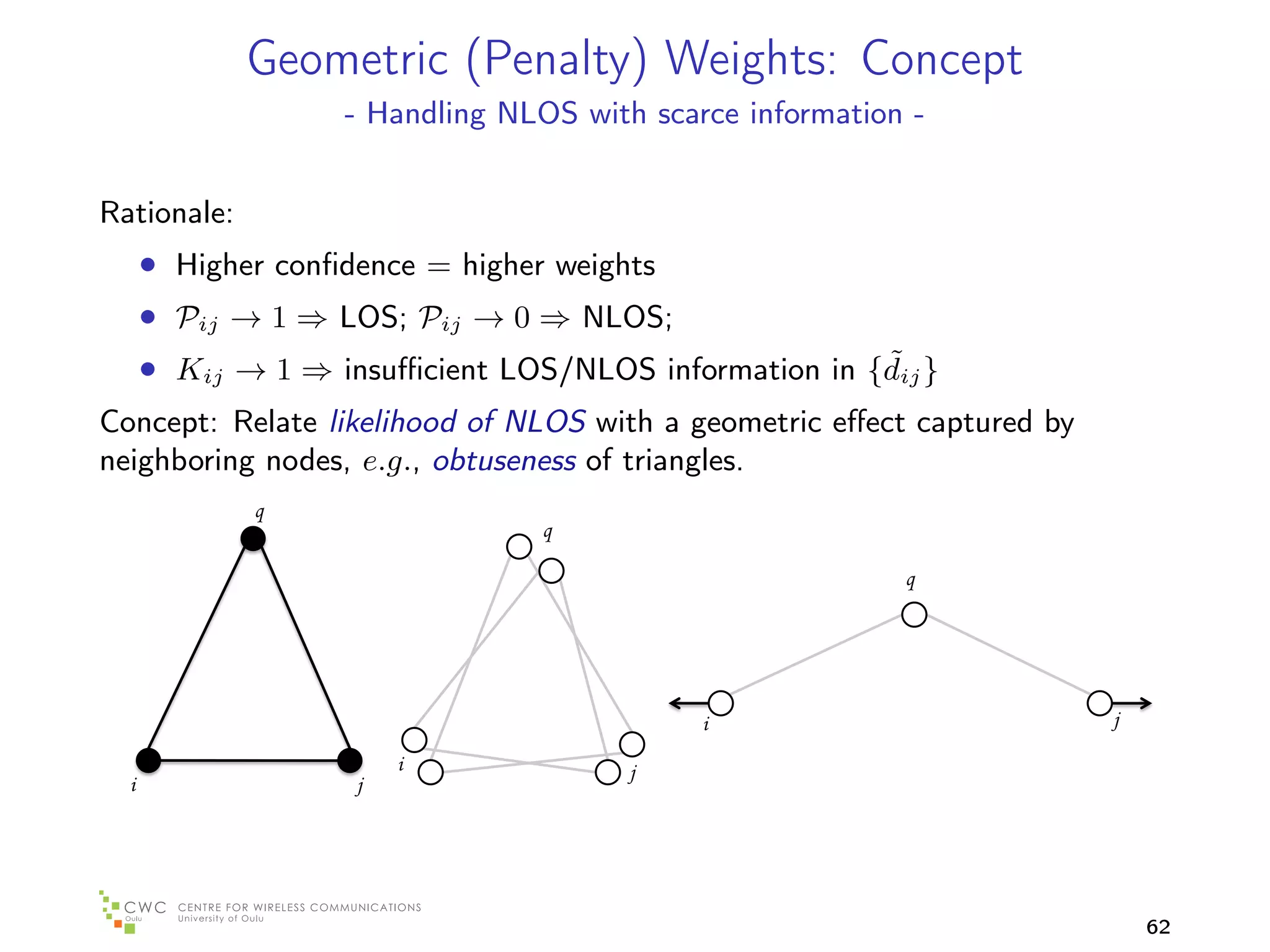 Geometric (Penalty) Weights: Concept
                   - Handling NLOS with scarce information -


Rationale:
      • Higher conﬁdence = higher weights
      • Pij → 1 ⇒ LOS; Pij → 0 ⇒ NLOS;
                                                      ˜
      • Kij → 1 ⇒ insuﬃcient LOS/NLOS information in {dij }
Concept: Relate likelihood of NLOS with a geometric eﬀect captured by
neighboring nodes, e.g., obtuseness of triangles.
             q
                                q

                                                          q




                                            i                           j

                        i              j
  i                 j




                                                                            62
 