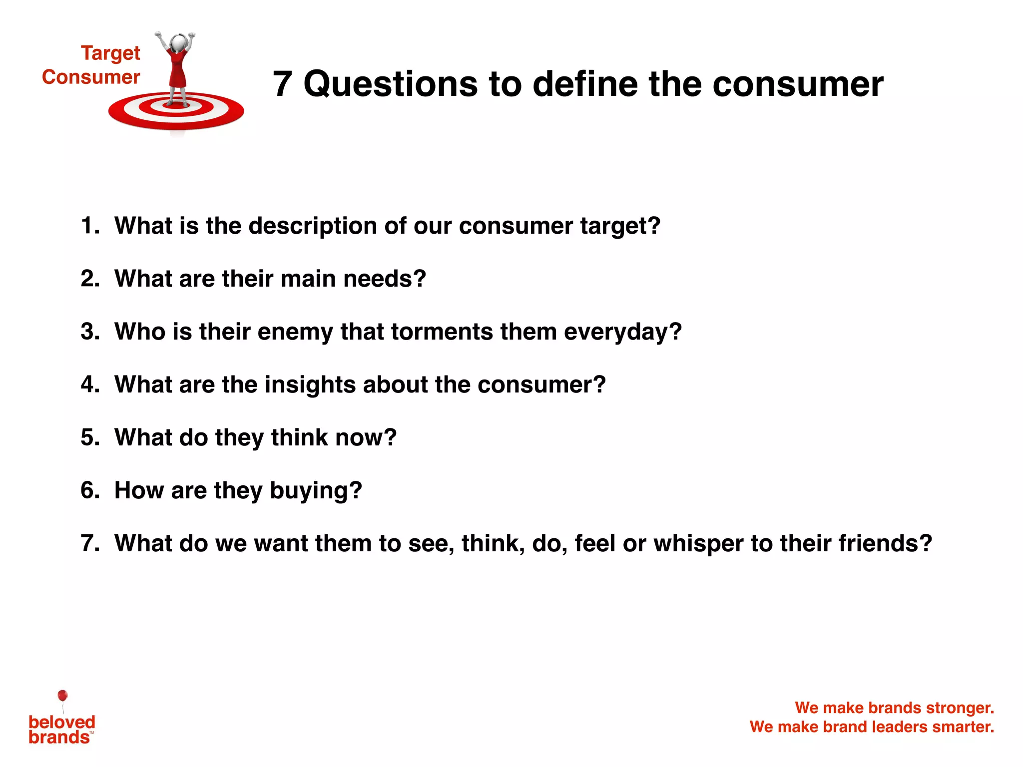 We make brands stronger.
We make brand leaders smarter.
7 Questions to define the consumer
1. What is the description of our consumer target?
2. What are their main needs?
3. Who is their enemy that torments them everyday?
4. What are the insights about the consumer?
5. What do they think now?
6. How are they buying?
7. What do we want them to see, think, do, feel or whisper to their friends?
Target
Consumer
 