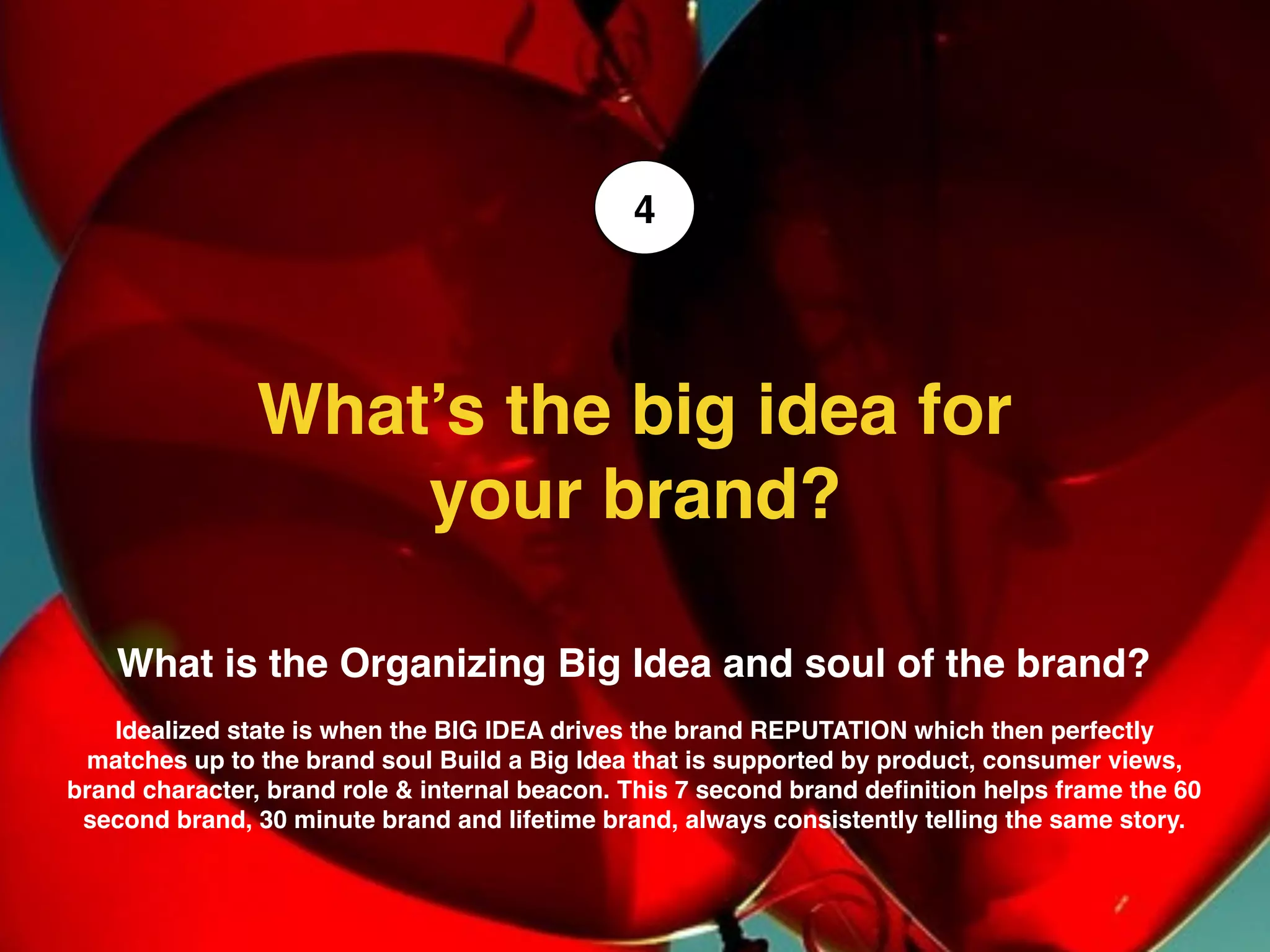 What is the Organizing Big Idea and soul of the brand?
Idealized state is when the BIG IDEA drives the brand REPUTATION which then perfectly
matches up to the brand soul Build a Big Idea that is supported by product, consumer views,
brand character, brand role & internal beacon. This 7 second brand deﬁnition helps frame the 60
second brand, 30 minute brand and lifetime brand, always consistently telling the same story.
What’s the big idea for
your brand?
4
 