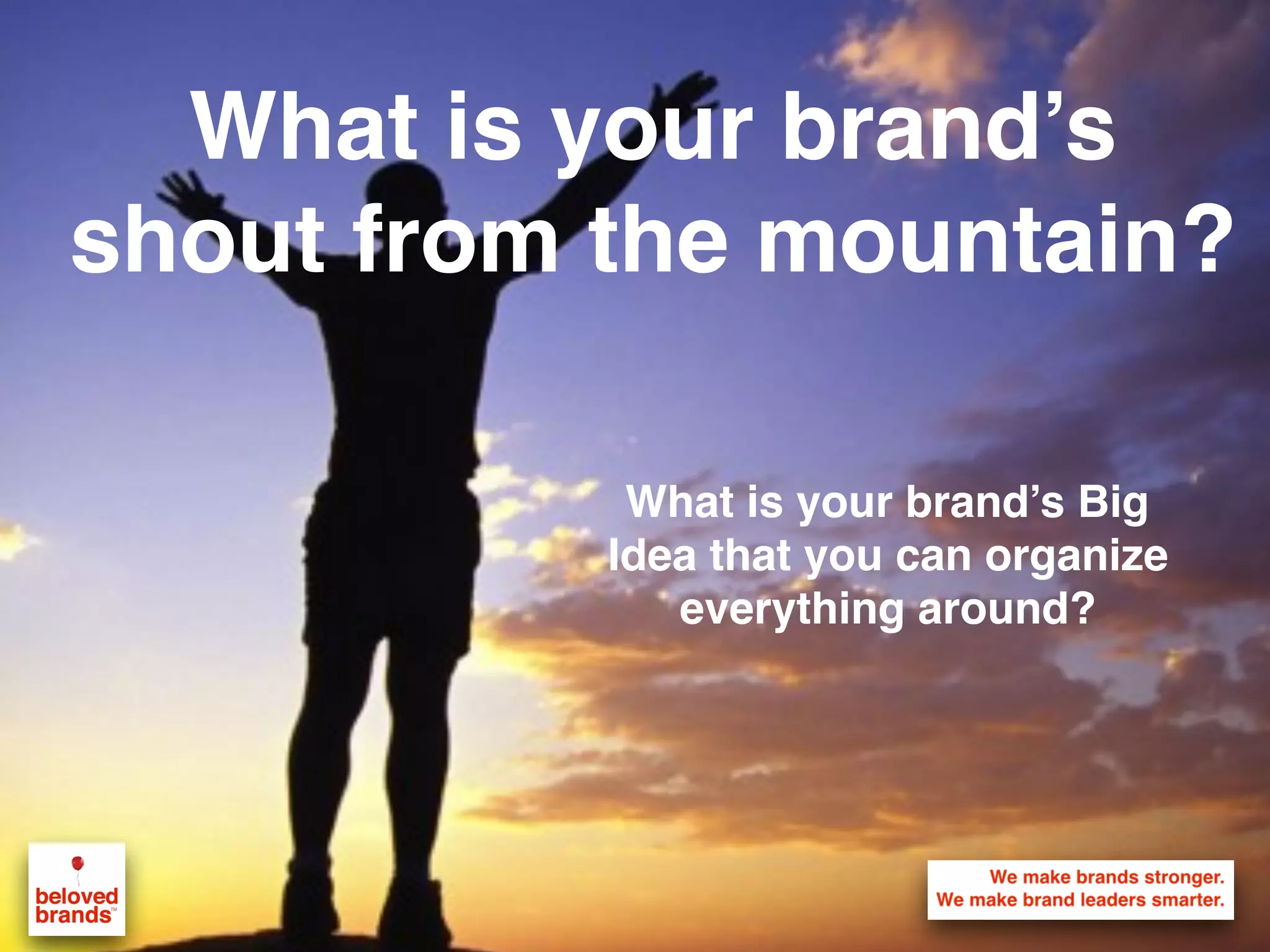 What is your brand’s
shout from the mountain?
What is your brand’s Big
Idea that you can organize
everything around?
 