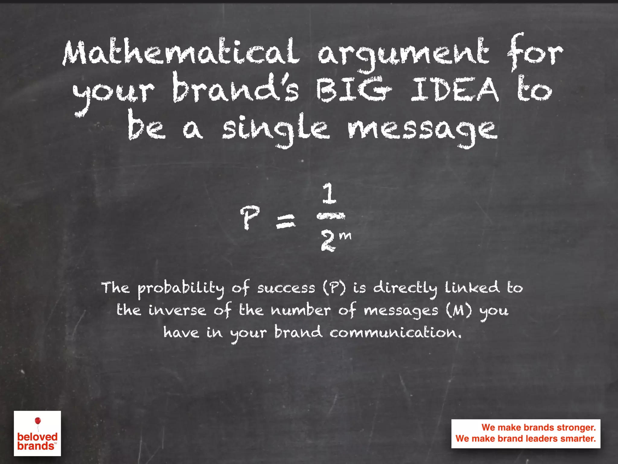 Mathematical argument for
your brand’s BIG IDEA to
be a single message
The probability of success (P) is directly linked to
the inverse of the number of messages (M) you
have in your brand communication.
P =
1
2m
_
 