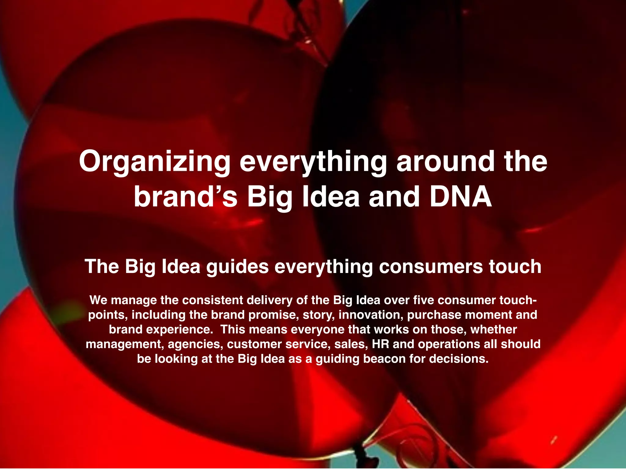The Big Idea guides everything consumers touch
We manage the consistent delivery of the Big Idea over ﬁve consumer touch-
points, including the brand promise, story, innovation, purchase moment and
brand experience. This means everyone that works on those, whether
management, agencies, customer service, sales, HR and operations all should
be looking at the Big Idea as a guiding beacon for decisions.
Organizing everything around the
brand’s Big Idea and DNA
 