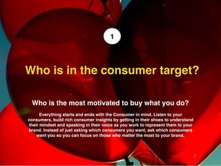 Who is the most motivated to buy what you do?
Everything starts and ends with the Consumer in mind. Listen to your
consumers, build rich consumer insights by getting in their shoes to understand
their mindset and speaking in their voice as you work to represent them to your
brand. Instead of just asking which consumers you want, ask which consumers
want you so you can focus on those who matter the most to your brand.
Who is in the consumer target?  	
1
 