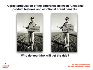 We make brands stronger.
We make brand leaders smarter.
A great articulation of the difference between functional
product features and emotional brand beneﬁts.
Who do you think will get the ride?
 