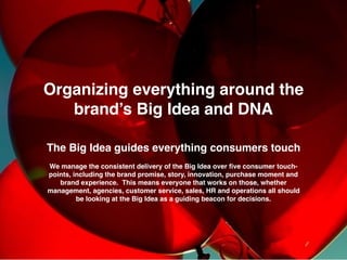 The Big Idea guides everything consumers touch
We manage the consistent delivery of the Big Idea over ﬁve consumer touch-
points, including the brand promise, story, innovation, purchase moment and
brand experience. This means everyone that works on those, whether
management, agencies, customer service, sales, HR and operations all should
be looking at the Big Idea as a guiding beacon for decisions.
Organizing everything around the
brand’s Big Idea and DNA
 