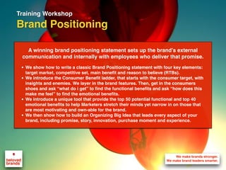 Training Workshop
Brand Positioning
A winning brand positioning statement sets up the brand’s external
communication and i...