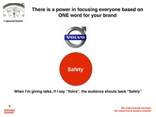 We make brands stronger.
We make brand leaders smarter.
There is a power in focusing everyone based on
ONE word for your brand
Safety
1 second brand
When I’m giving talks, if I say “Volvo”, the audience shouts back “Safety”
 