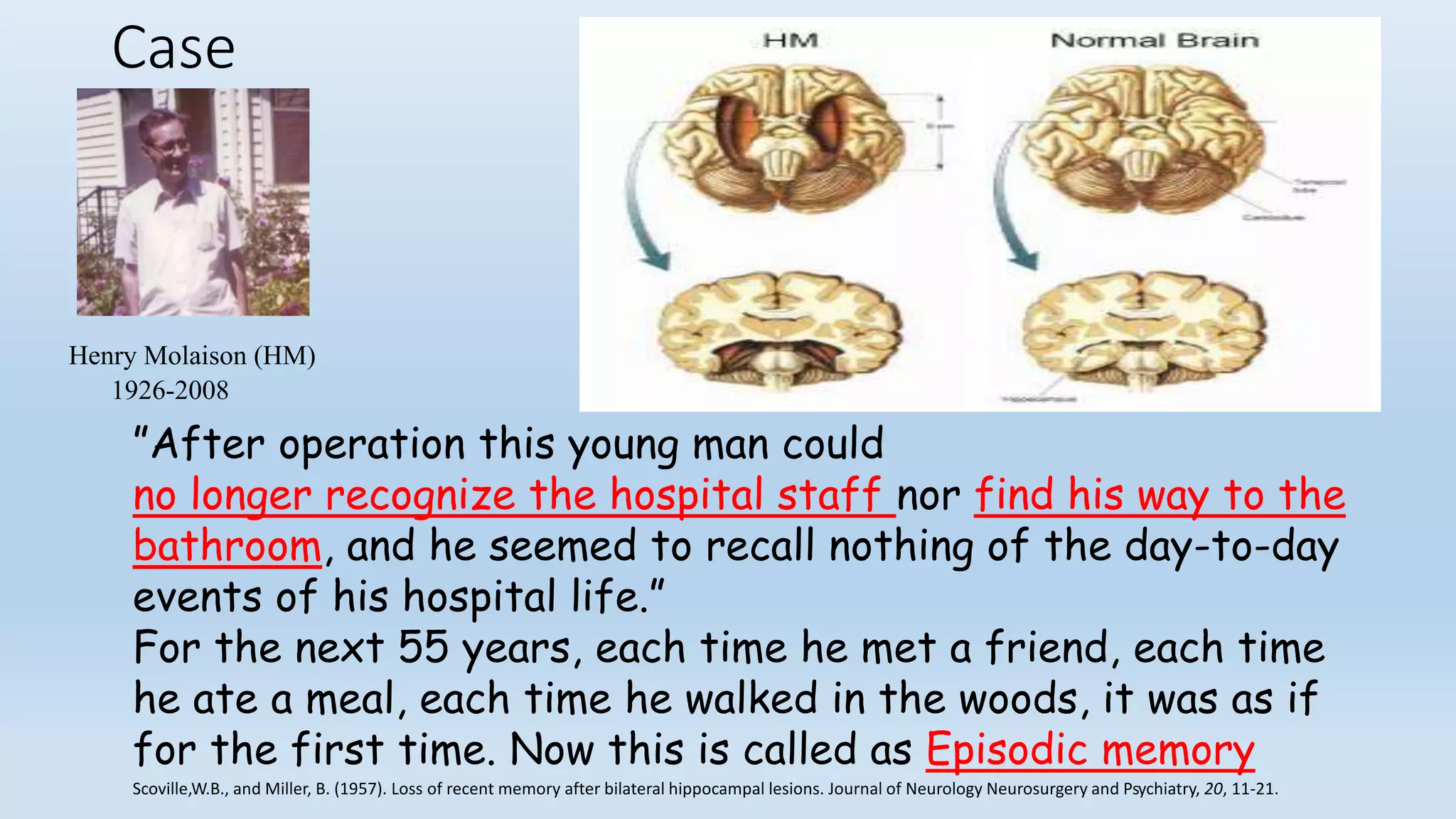 Case
Henry Molaison (HM)
1926-2008
Scoville,W.B., and Miller, B. (1957). Loss of recent memory after bilateral hippocampal lesions. Journal of Neurology Neurosurgery and Psychiatry, 20, 11-21.
”After operation this young man could
no longer recognize the hospital staff nor find his way to the
bathroom, and he seemed to recall nothing of the day-to-day
events of his hospital life.”
For the next 55 years, each time he met a friend, each time
he ate a meal, each time he walked in the woods, it was as if
for the first time. Now this is called as Episodic memory
 
