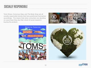 12
SOCIALLYRESPONSIBLE
Toms Shoes, Conscious Step, and The Body Shop are all
socially responsible brands that have positioned themselves
accordingly. This means that when consumers are deciding
on a purchase they also feel a level of social reward in
buying the product.
 