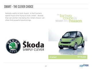 21
SMART -THE CLEVER CHOICE
Nobody wants to look stupid. In fact humans
spend much time trying to look ‘smart’. Brands
that can anchor into being the ‘smart choice’ can
often ﬁnd powerful positionings.
 