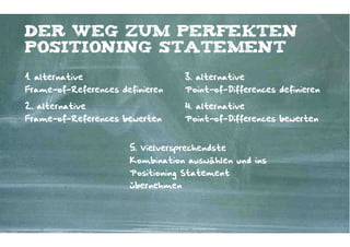 Der weg zum perfekten
positioning Statement

1. alternative                                                         3. alternative
Frame-of-References definieren                                         Point-of-Differences definieren

2. alternative                                                         4. alternative
Frame-of-References bewerten                                           Point-of-Differences bewerten


                      5. Vielversprechendste
                      Kombination auswählen und ins
                      Positioning Statement
                      übernehmen




                       Kontakter-Schule | © 2012 | Andreas Wiehrdt, München |  www.kontakterschule.de
 