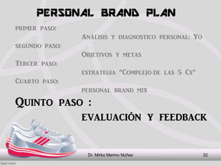 PERSONAL BRAND PLAN
Dr. Mirko Merino Núñez 32
primer paso:
Análisis y diagnostico personal: Yo
segundo paso:
Objetivos y m...
