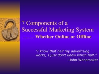 7 Components of a Successful Marketing System  …… Whether Online or Offline &quot;I know that half my advertising works, I just don't know which half.&quot;   -John Wanamaker 